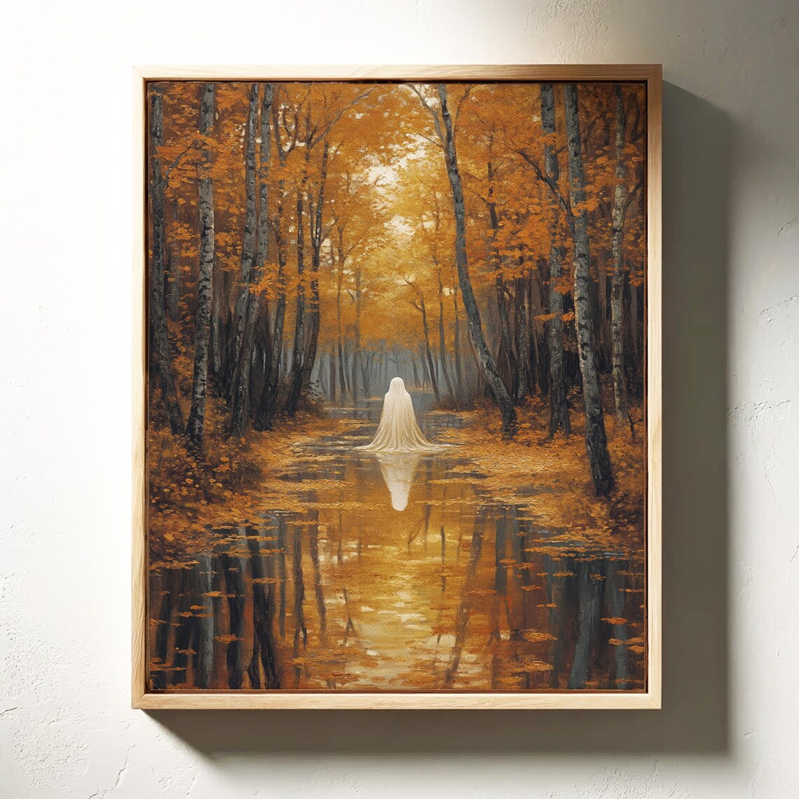 Haunted Autumn Forest Ghost Reflection On Golden Stream Halloween Wall Art - Image 3
