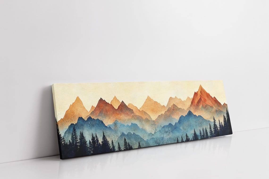 Layered Mountain Ranges Warm Sunset Watercolor Forest Pines Poster - Image 7