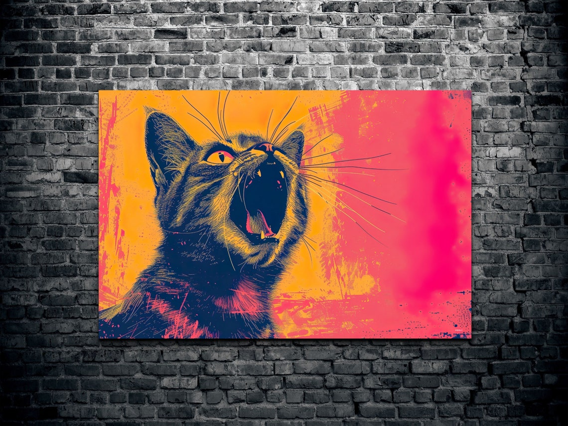 Yawning Black Cat Pop Art Neon Yellow Pink Portrait Photo Poster - Image 2