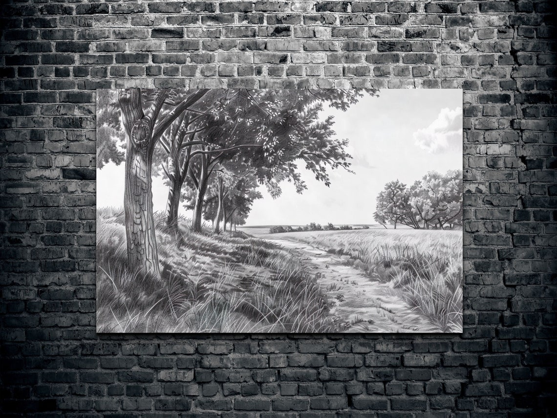 Black And White Charcoal Oak Trees Beside Peaceful Country Path Print - Image 2