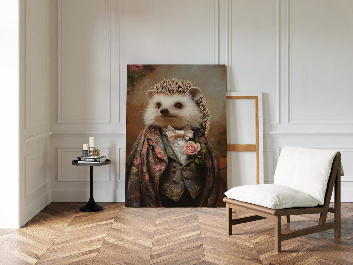 Regal Hedgehog Portrait Floral Coat Cream Bow Tie Pink Rose Poster - Image 2