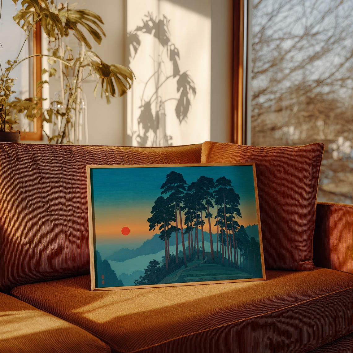 Japanese Pine Trees At Sunset With Red Sun Woodblock Style Poster