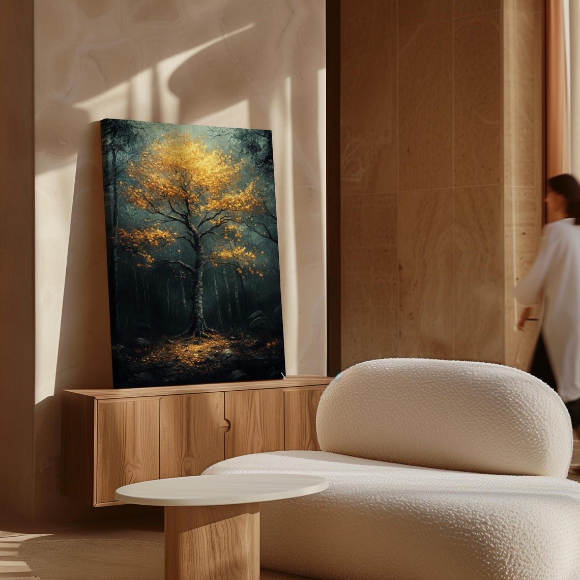 Golden Tree in Misty Dark Forest Glowing Woodland Illuminated Wall Art - Image 7