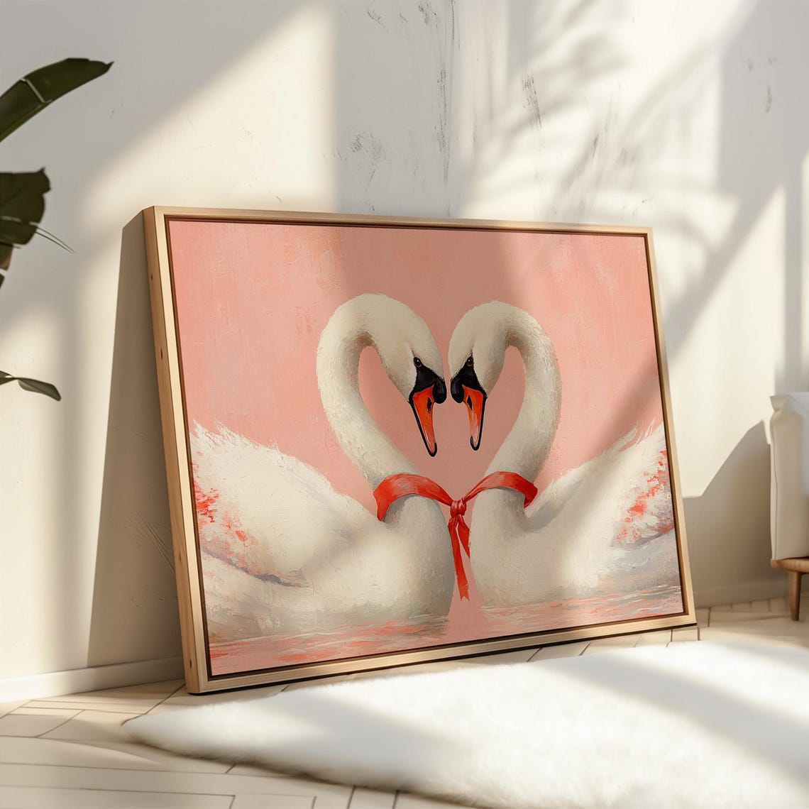 White Swans Forming Heart With Red Ribbon Romantic Painting Poster - Image 6