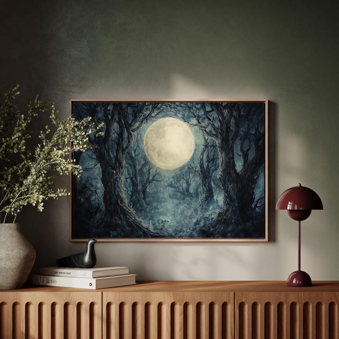 Full Moon Between Gnarled Trees Misty Night Forest Wall Poster - Image 6