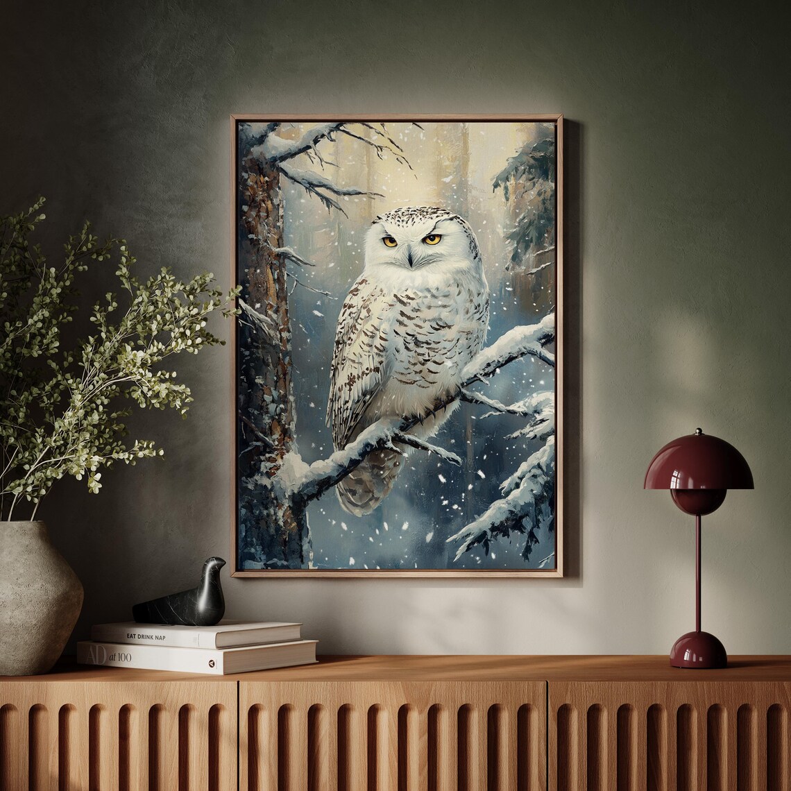 Snowy Owl Perched on Snowy Branch Winter Forest Wildlife Poster