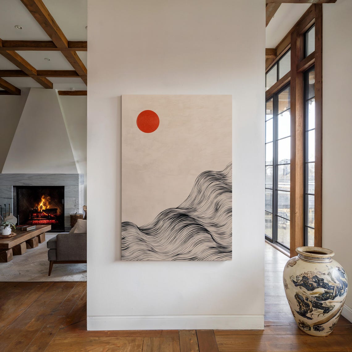 Minimalist Red Sun And Ink Waves Japanese Zen Abstract Poster - Image 5