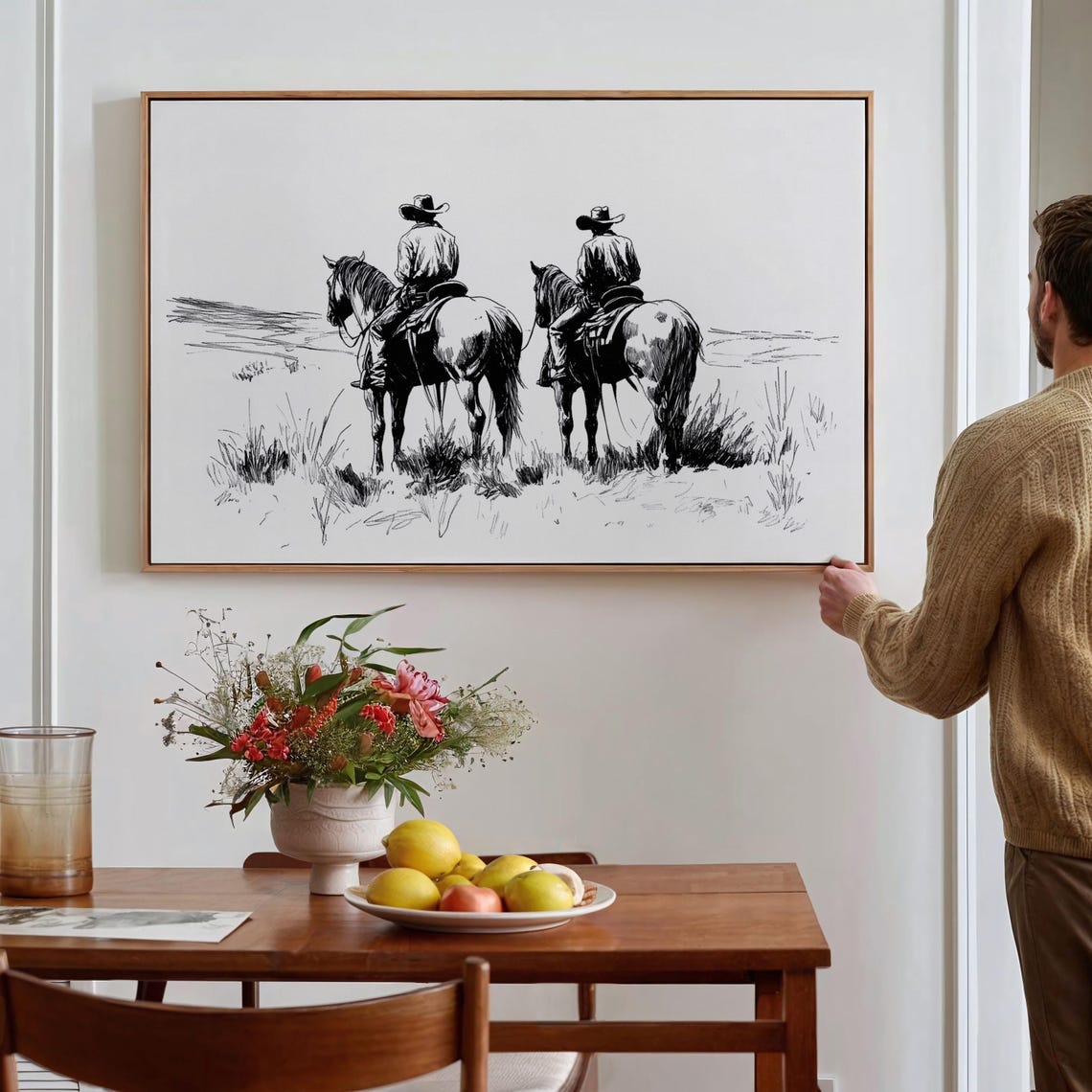 Twin Cowboys Crossing Prairie Line Sketch Black And White Art Print - Image 2