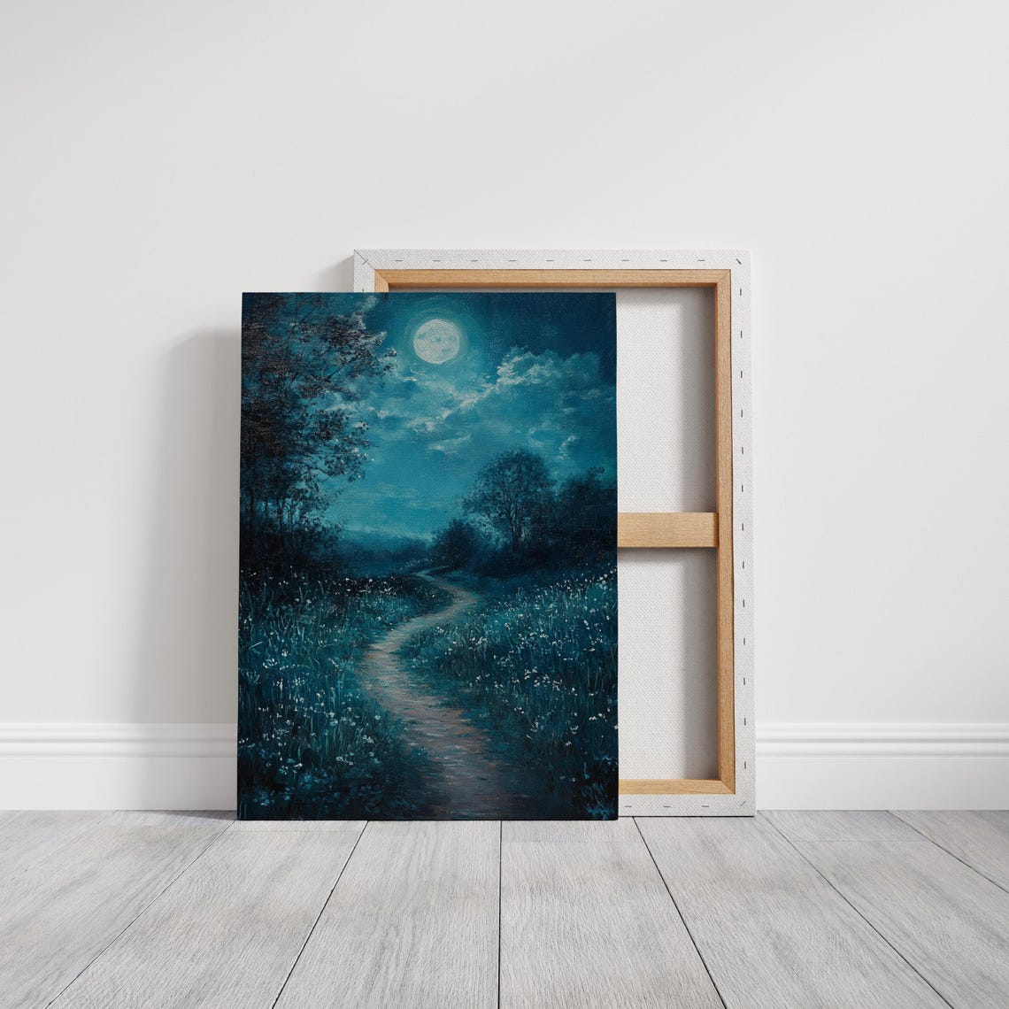 Moonlit Path Through Teal Night Forest Tranquil Landscape Art Poster - Image 3