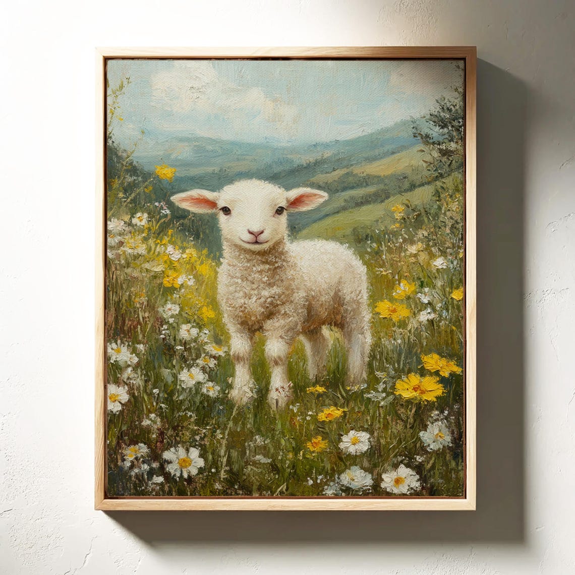 Pastoral Lamb In Wildflower Field Spring Hills Rustic Painting Poster - Image 5