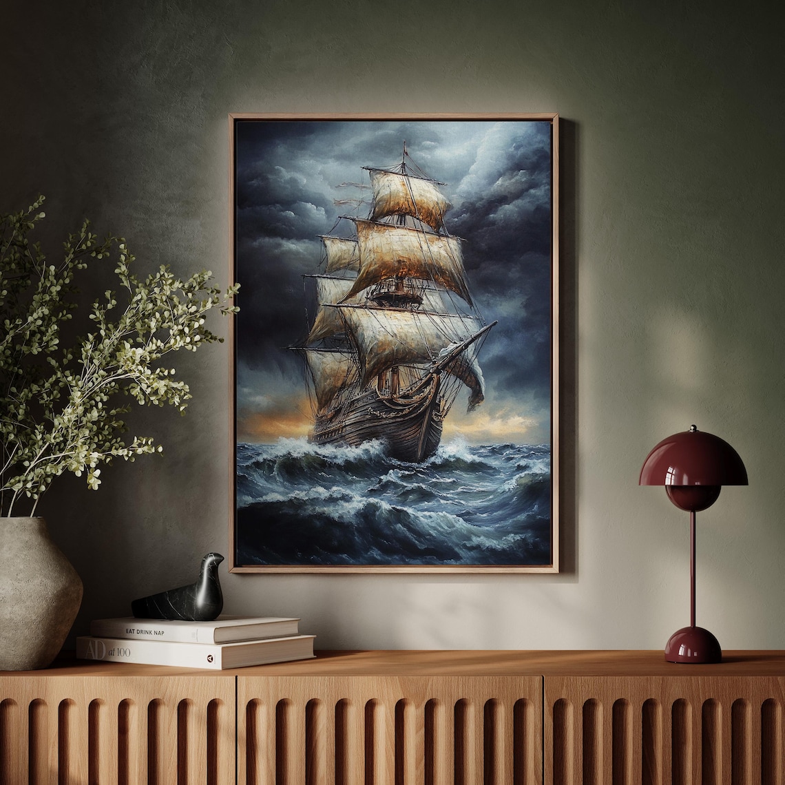 Tall Ship In Stormy Ocean Vintage Sailing Vessel Nautical Art Poster