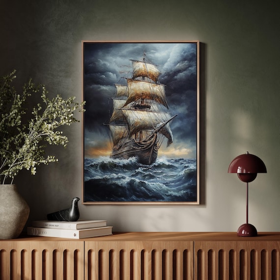 Tall Ship In Stormy Ocean Vintage Sailing Vessel Nautical Art Poster