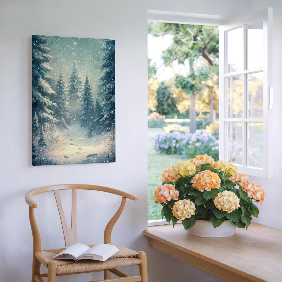 Snow Covered Pine Forest Path Falling Snowflakes Serene Winter Wall Art - Image 6