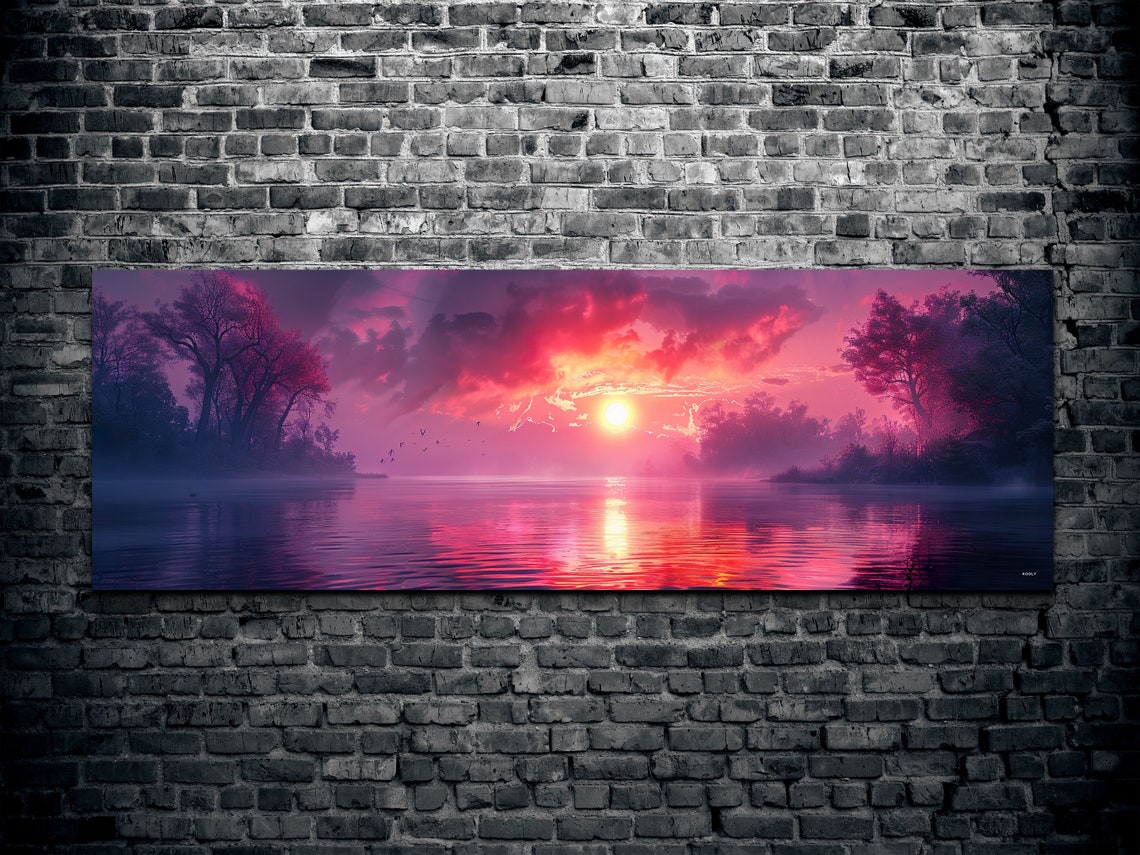 Magenta Sunset Over Lake with Trees Water Reflection Panorama Wall Art - Image 2