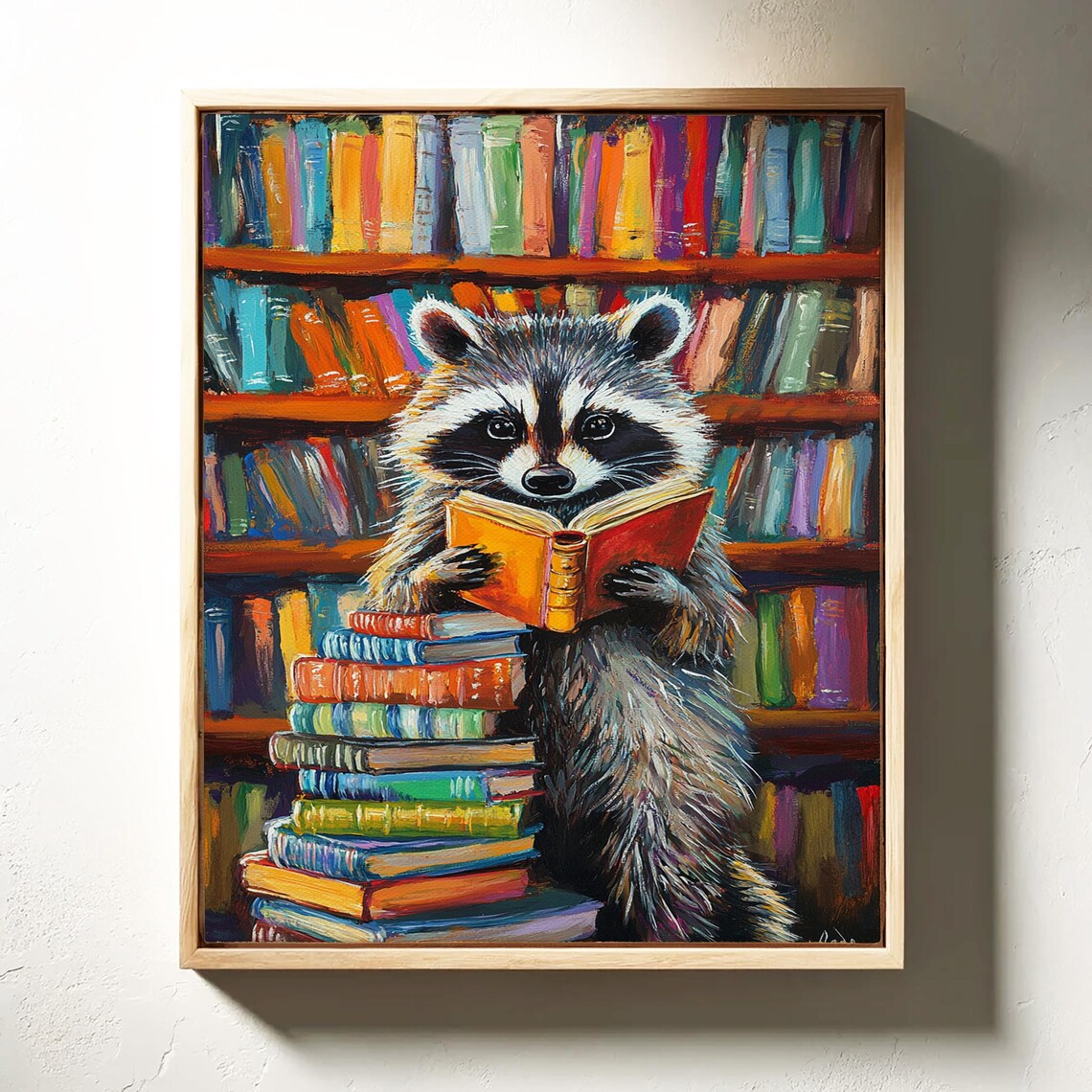Whimsical Reading Raccoon Library Art Print