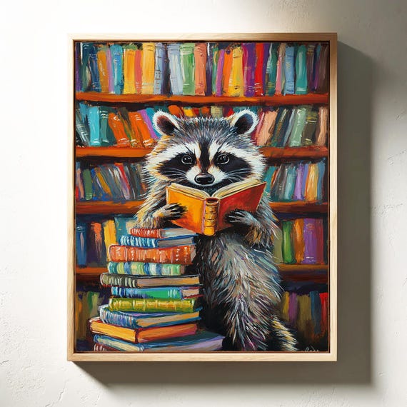 Whimsical Reading Raccoon Library Art Print