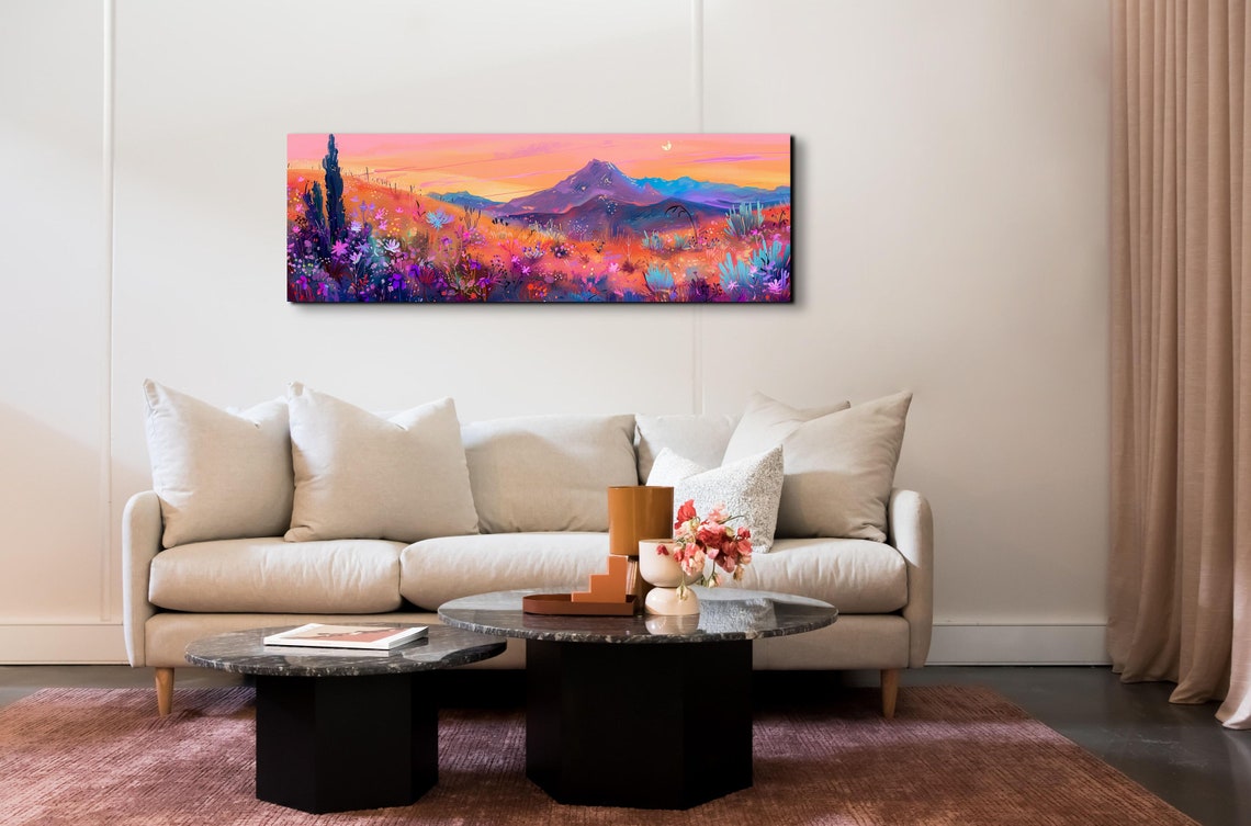 Southwestern Desert Sunset Wildflowers Moon Panoramic Poster - Image 4