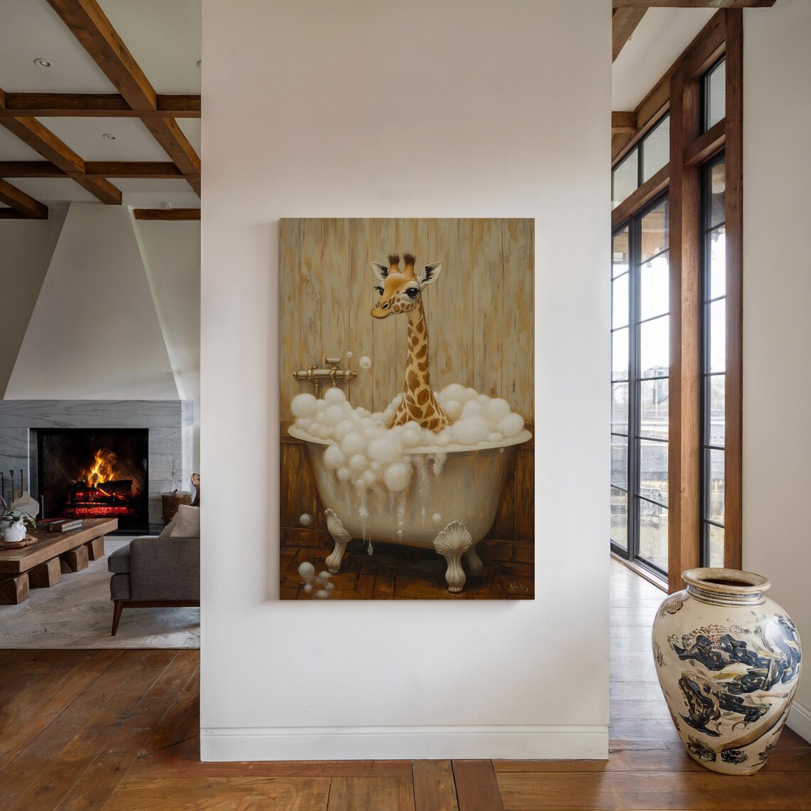 Baby Giraffe in Clawfoot Bathtub with Bubbles Cute Whimsical Animal Poster - Image 4