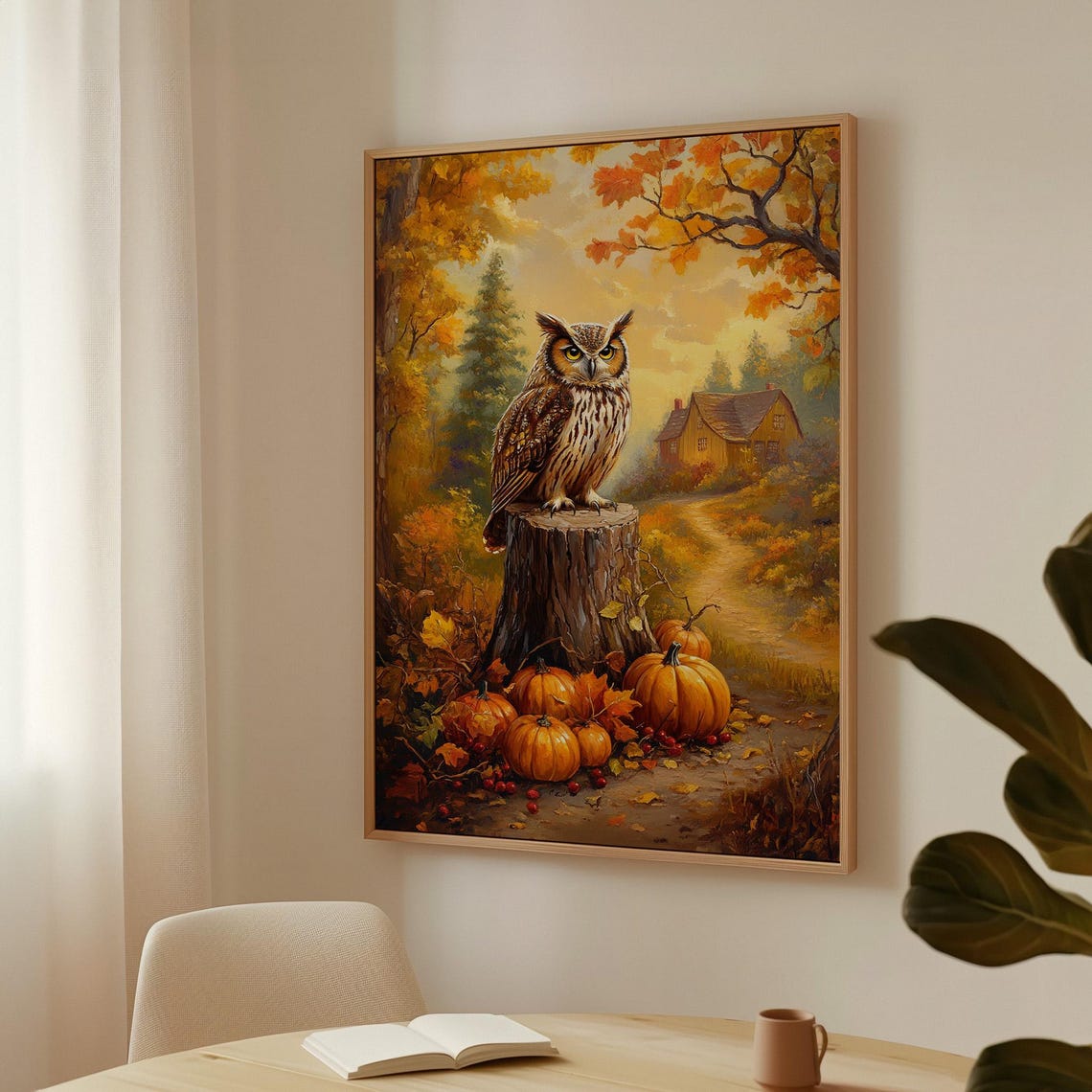 Autumn Owl on a Tree Stump Fall Pumpkin Forest Cabin Scenic Poster