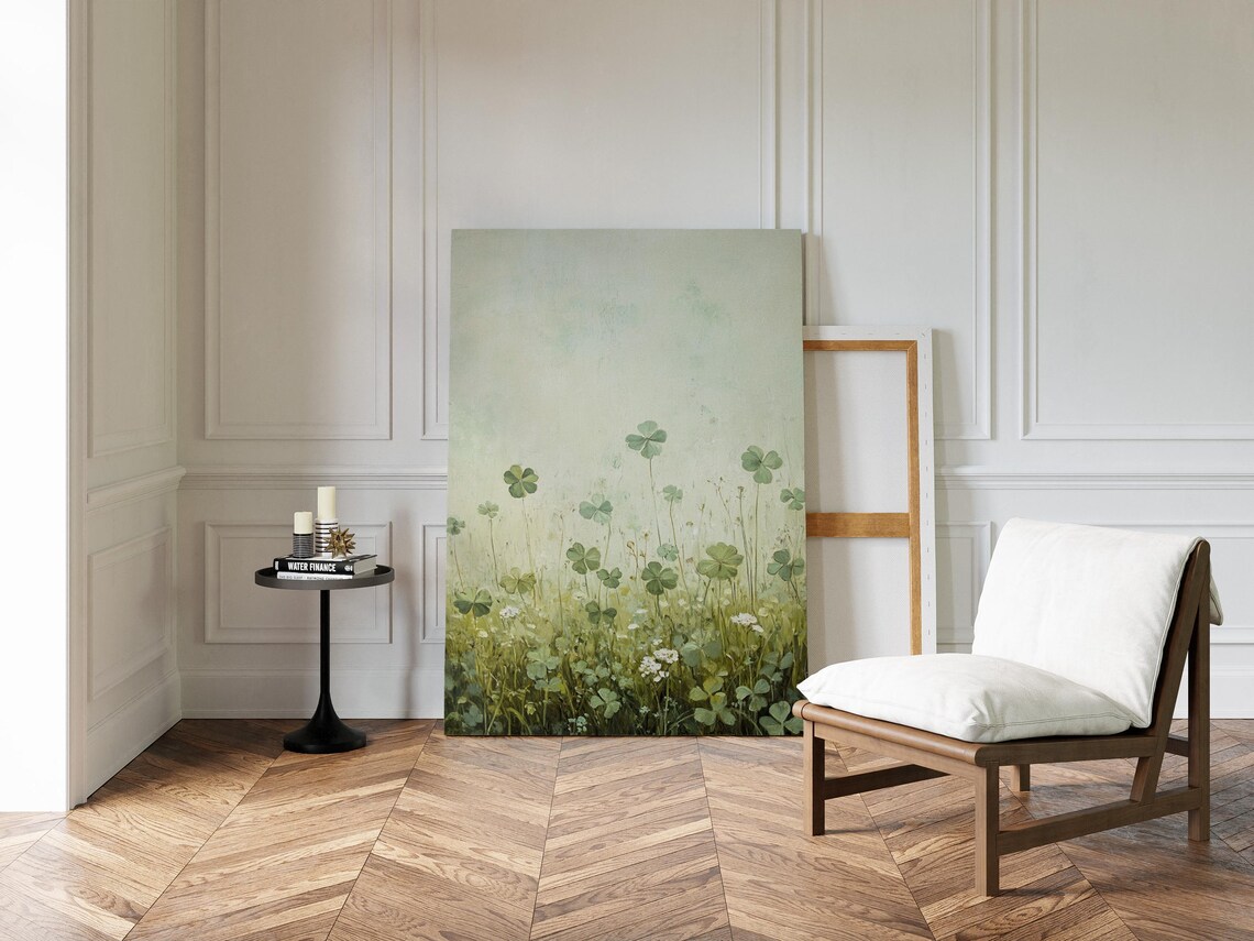 Minimalist Clover Meadow Under Pale Sky Soft Green Nature Wall Art - Image 4