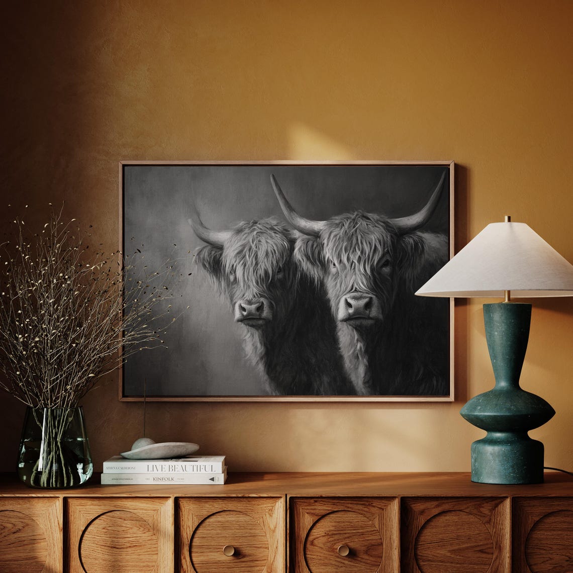 Highland Cows Pair Monochrome Black White Dramatic Portrait Poster - Image 4