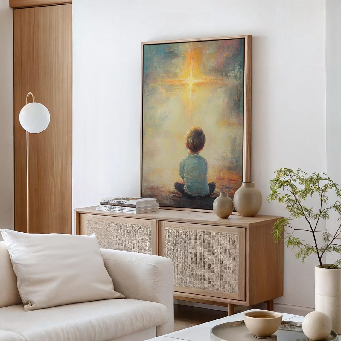 Child Gazing at a Radiant Cross Shining in a Golden Sky Poster - Image 5