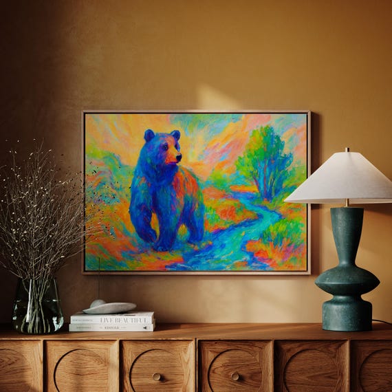 Colorful Bear In Nature Wall Art Vibrant Impressionist Canvas With Blue By River Bright Forest Landscape