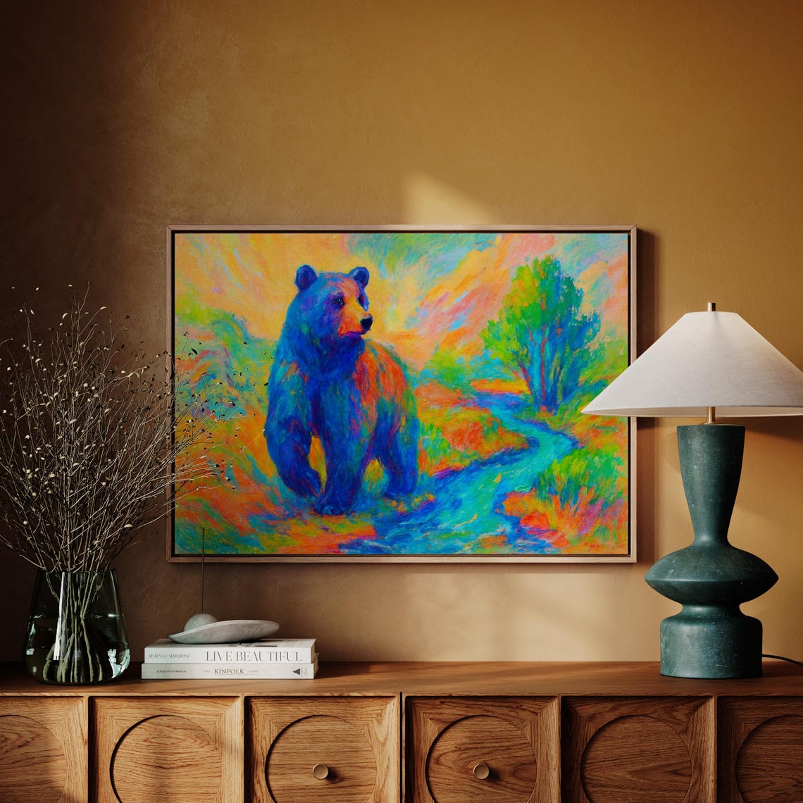 Colorful Bear In Nature Wall Art Vibrant Impressionist Canvas With Blue By River Bright Forest Landscape
