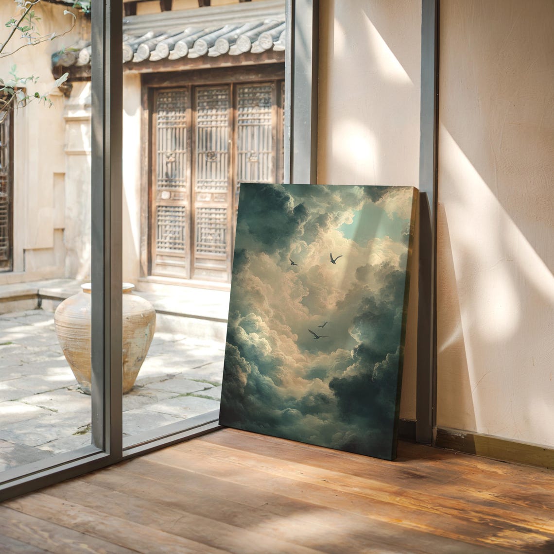 Birds Flying Through Luminous Soft Clouds In Minty Dreamy Sky Poster - Image 4