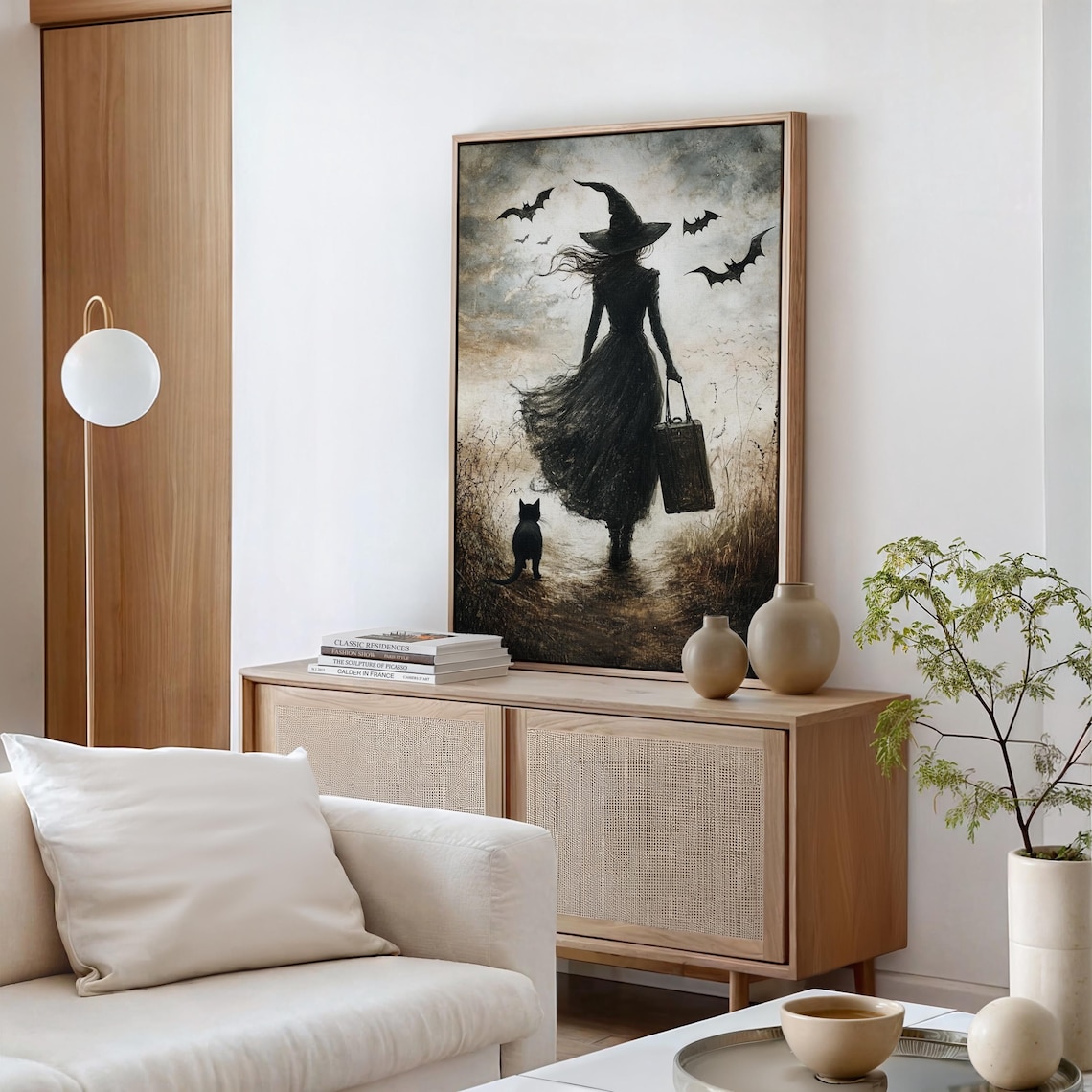Witch With Black Cat And Bats, Gothic Halloween Art Print - Image 2
