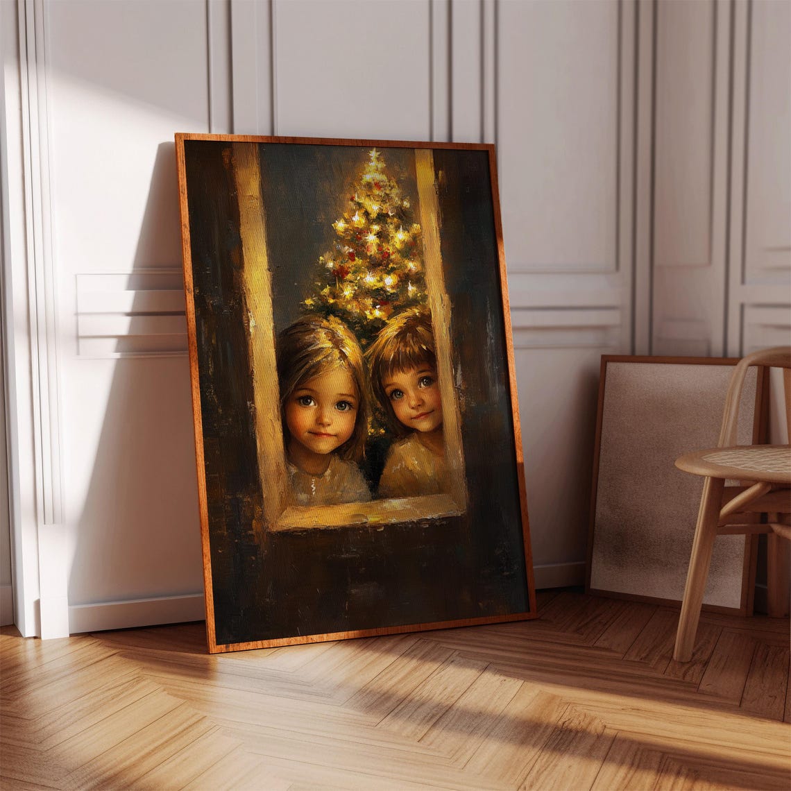 Two Little Girls at a Dark Window with a Glowing Christmas Tree Poster