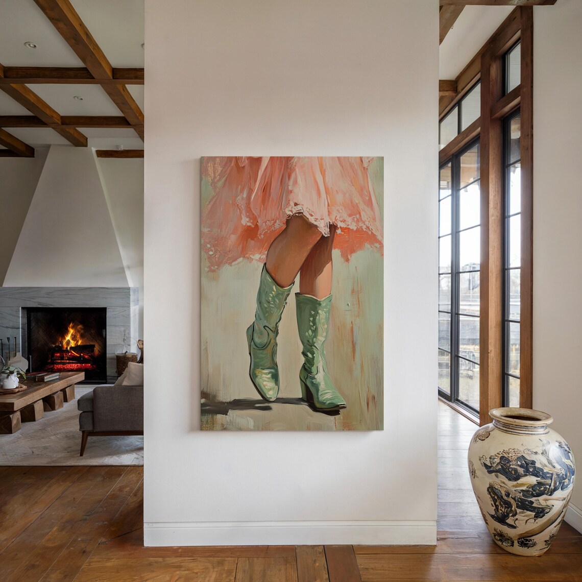 Green Cowboy Boots Pink Dress Western Cowgirl Painting Poster - Image 4