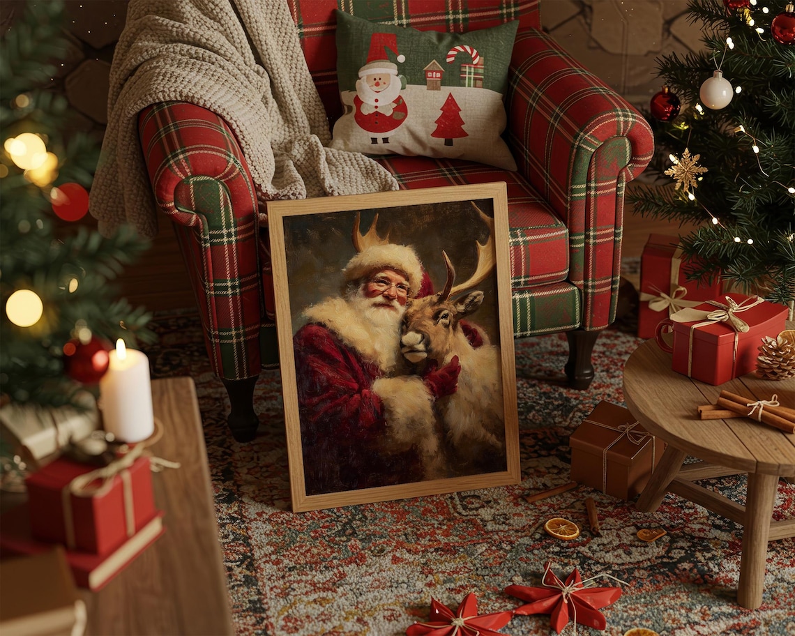 Santa Claus Hugging Reindeer Christmas Art Print
