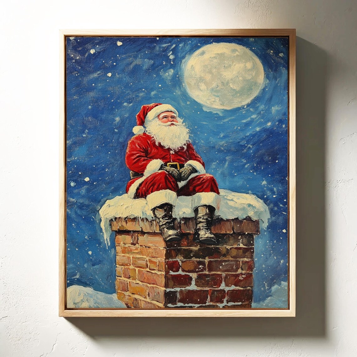Santa Claus Sitting on a Snowy Chimney Under a Full Moon Christmas Poster - Image 4
