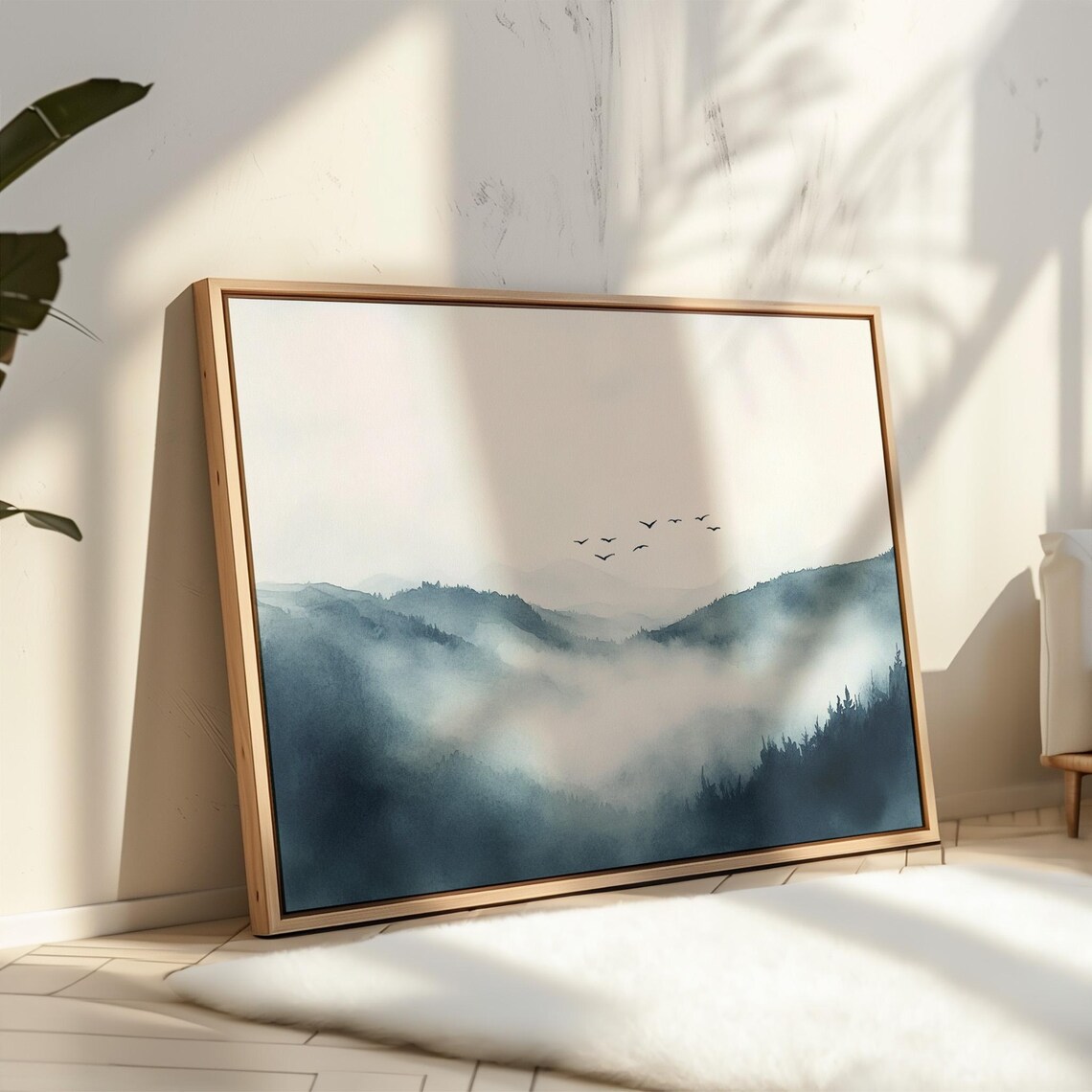 Misty Mountain Landscape With Flying Birds, Watercolor