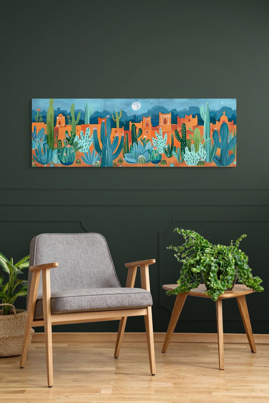Southwest Desert Pueblo Saguaro Cacti Under Moonlit Folk Art Poster - Image 6