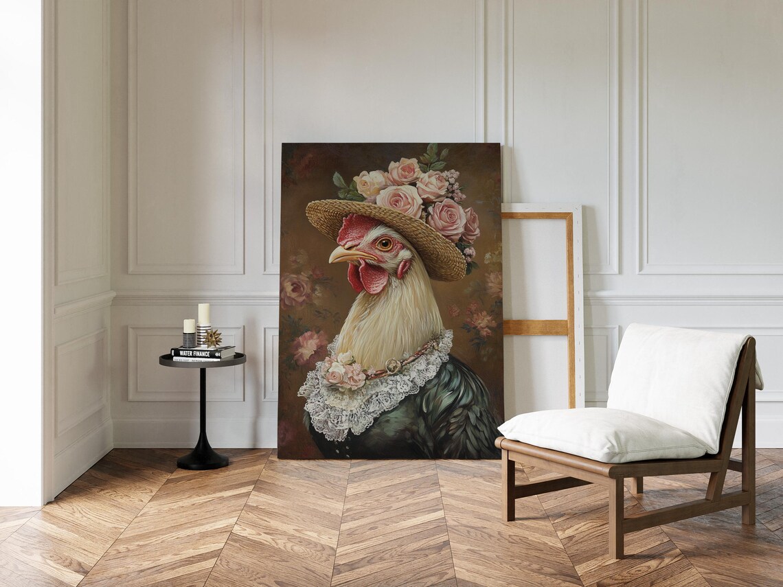 Whimsical Chicken in Floral Hat, Farmhouse Art Print - Image 3