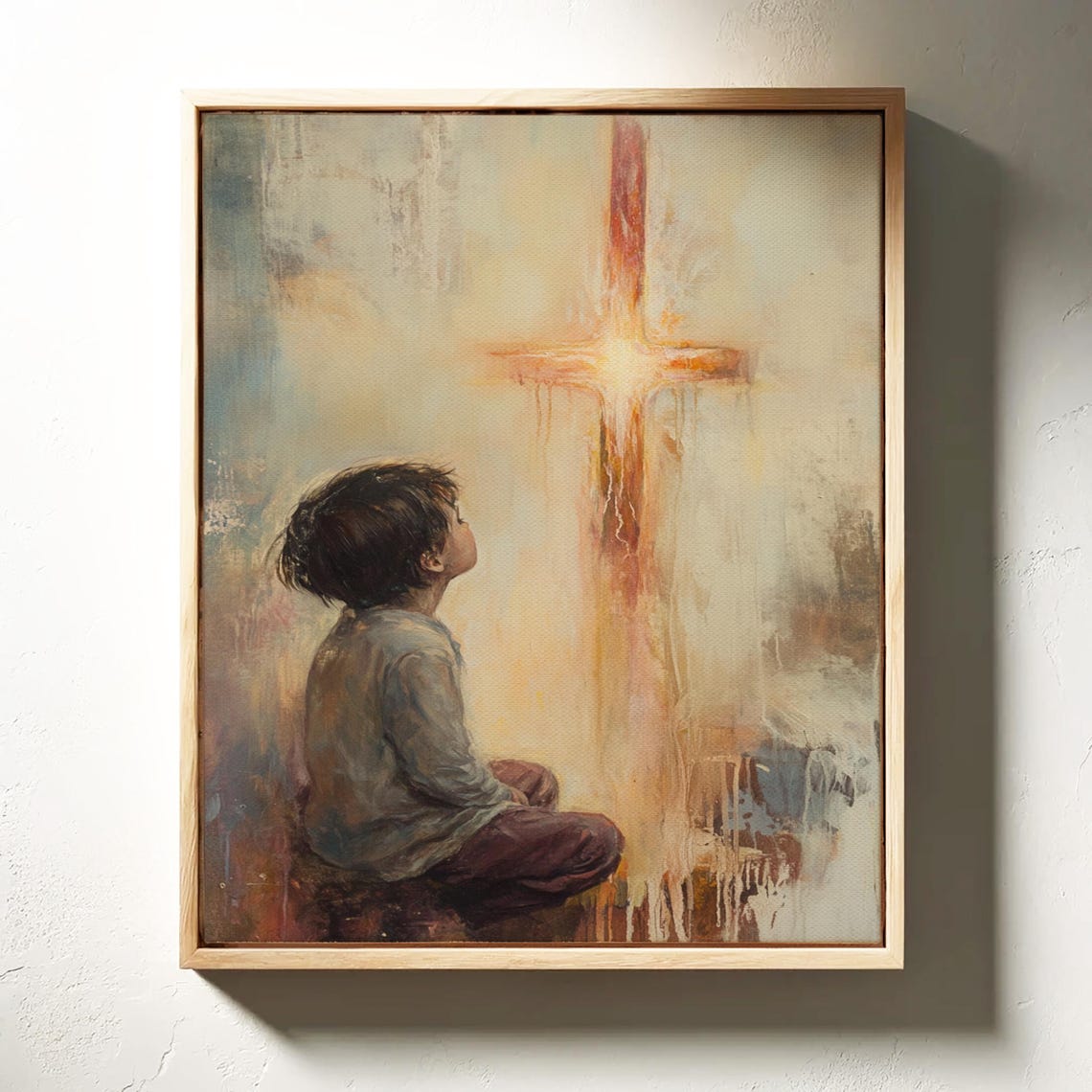 Small Child Gazing Up at a Glowing Cross in Soft Light Poster - Image 3