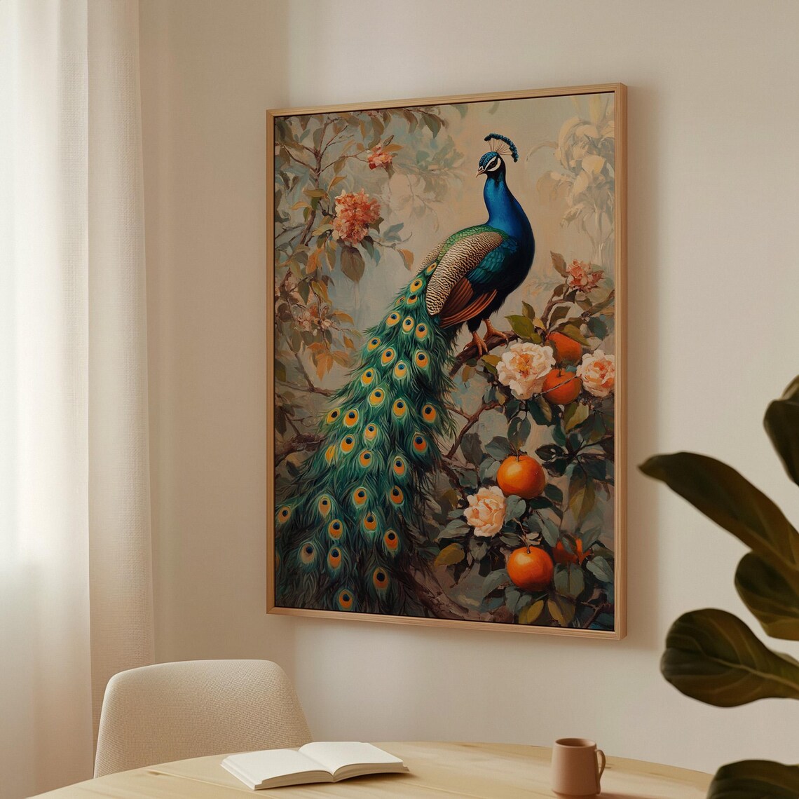 Majestic Peacock On Blossoming Branch With Oranges Vintage Poster