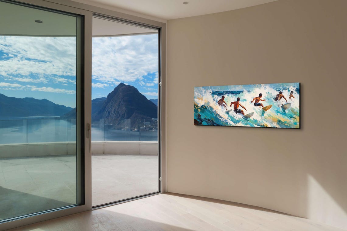 Surfers Riding Crashing Waves Ocean Action Panoramic Painting Poster - Image 6