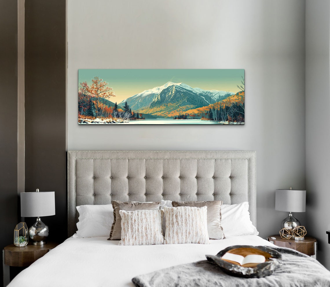 Snowy Mountain Peak Over Calm Lake Autumn Forest Panorama Wall Art - Image 4