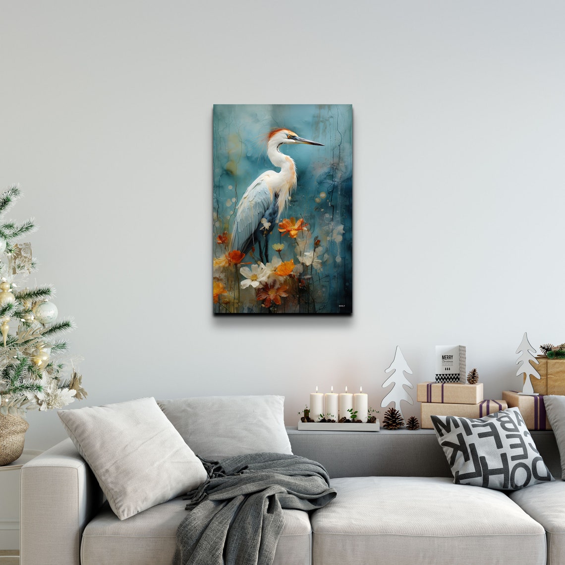 White Heron Among Orange Flowers Watercolor Bird Artwork Poster - Image 3