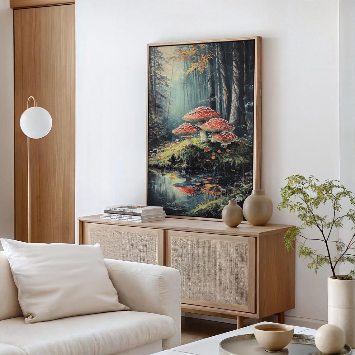Red Capped Mushrooms by a Tranquil Pond in a Misty Forest Poster - Image 5