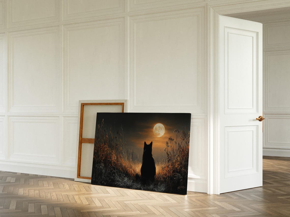 Black Cat Watching Full Moon Mystical Autumn Night Artwork Poster