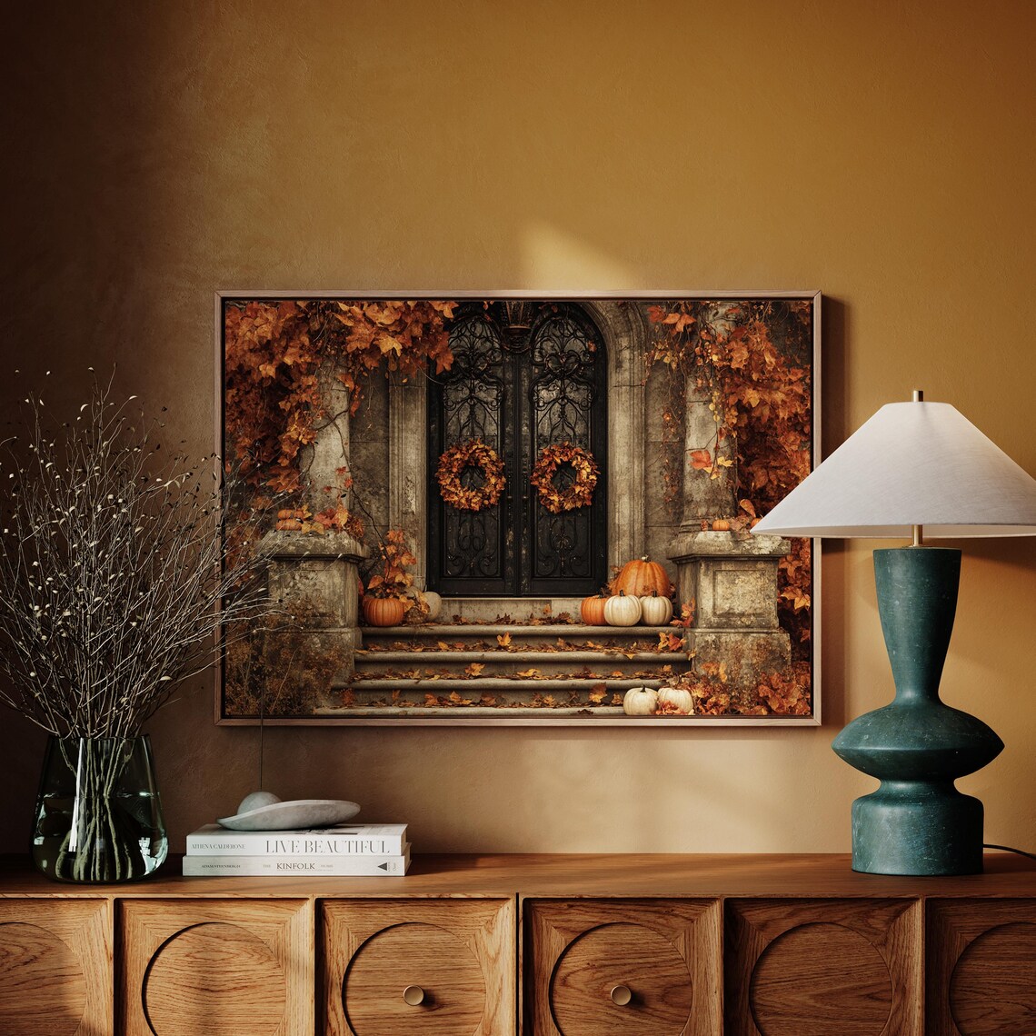 Autumn Stone Doorway With Wreaths Pumpkins And Falling Leaves Wall Art - Image 4