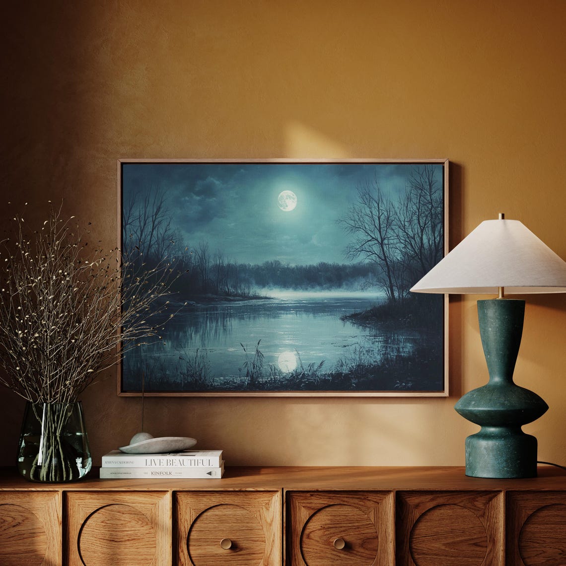 Moonlit Misty Lake with Full Moon and Forest Reflection Night Poster - Image 4