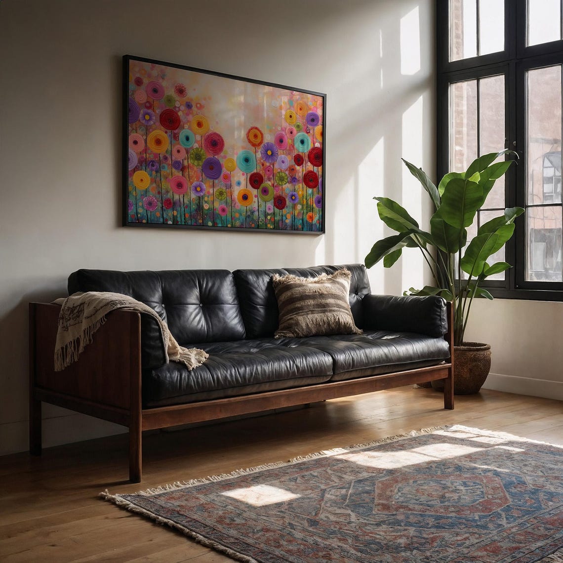 Whimsical Garden in Bloom Rainbow Circle Flowers Happy Wall Art