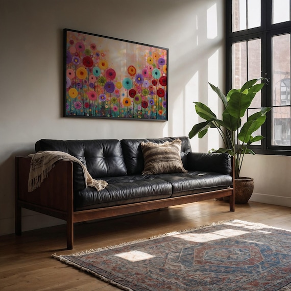 Whimsical Garden in Bloom Rainbow Circle Flowers Happy Wall Art
