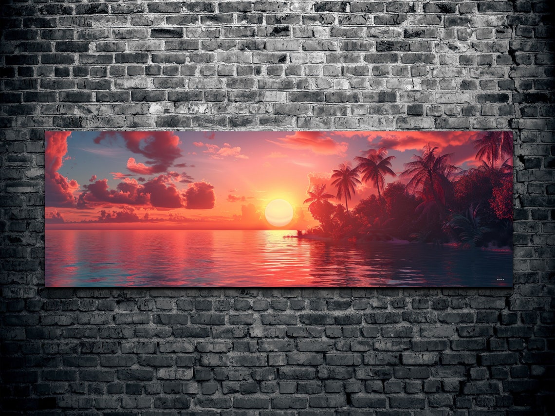 Coastal Wall Art Sunset Beach Wrapped Print Palm Trees Sky Sea Beach Scene Art Ocean Beach Sky Art Decor Panoramic Ready To Hang - Image 2