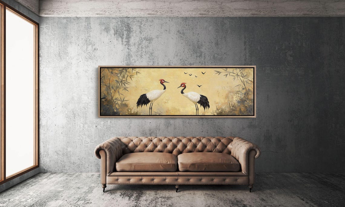 Red Crowned Cranes Facing Each Other Golden Japanese Bamboo Art Poster - Image 3